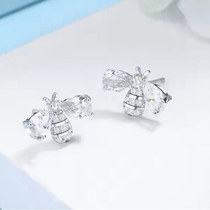18K White Gold Honey Bee With Diamond Accented Wings and Body Stud Earrings